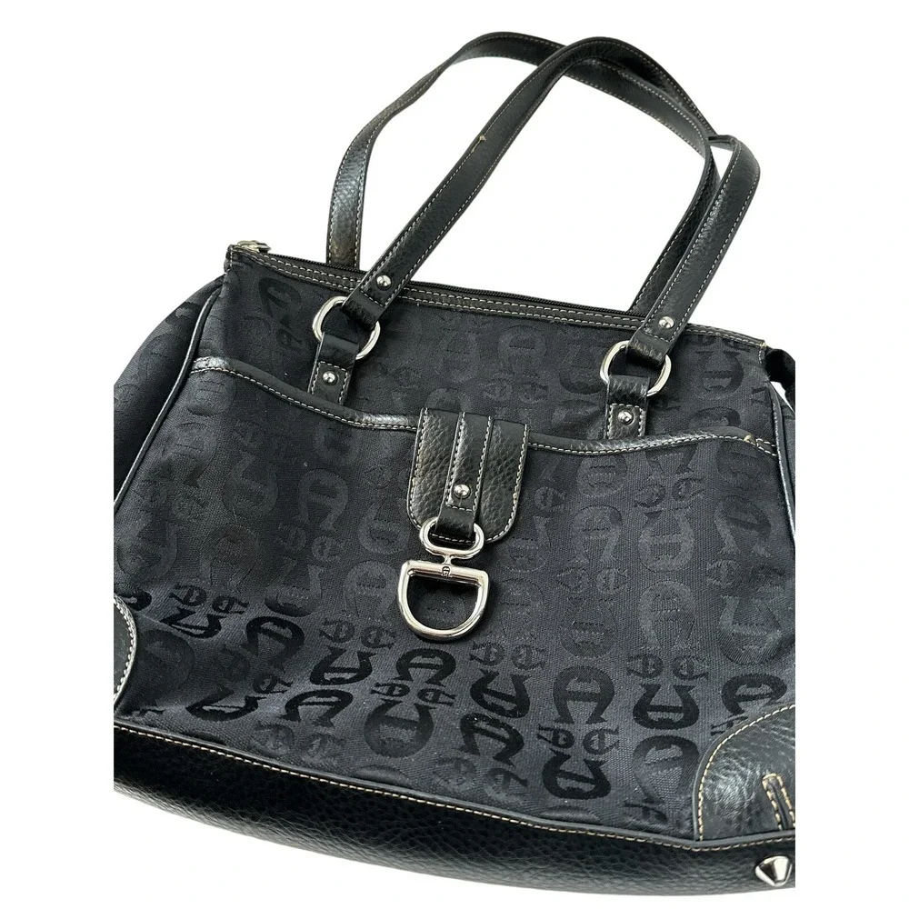 Etienne Aigner Black Signature Canvas Bag Leather Trim Front Magnetic Pocket